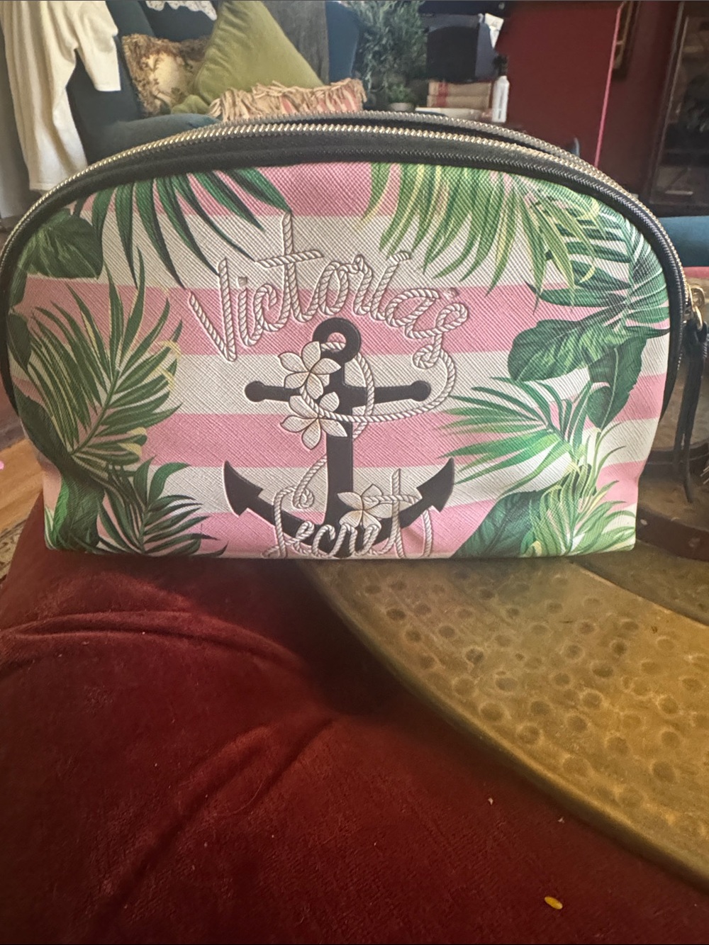 Victoria's Secret Pink, White & Green Tropical Anchor Cosmetic Bag